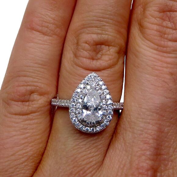 Macy's Silver Teardrop Diamond Cubic Zirconia Halo Ring S 925 Size 8 - Picture 2 of 8